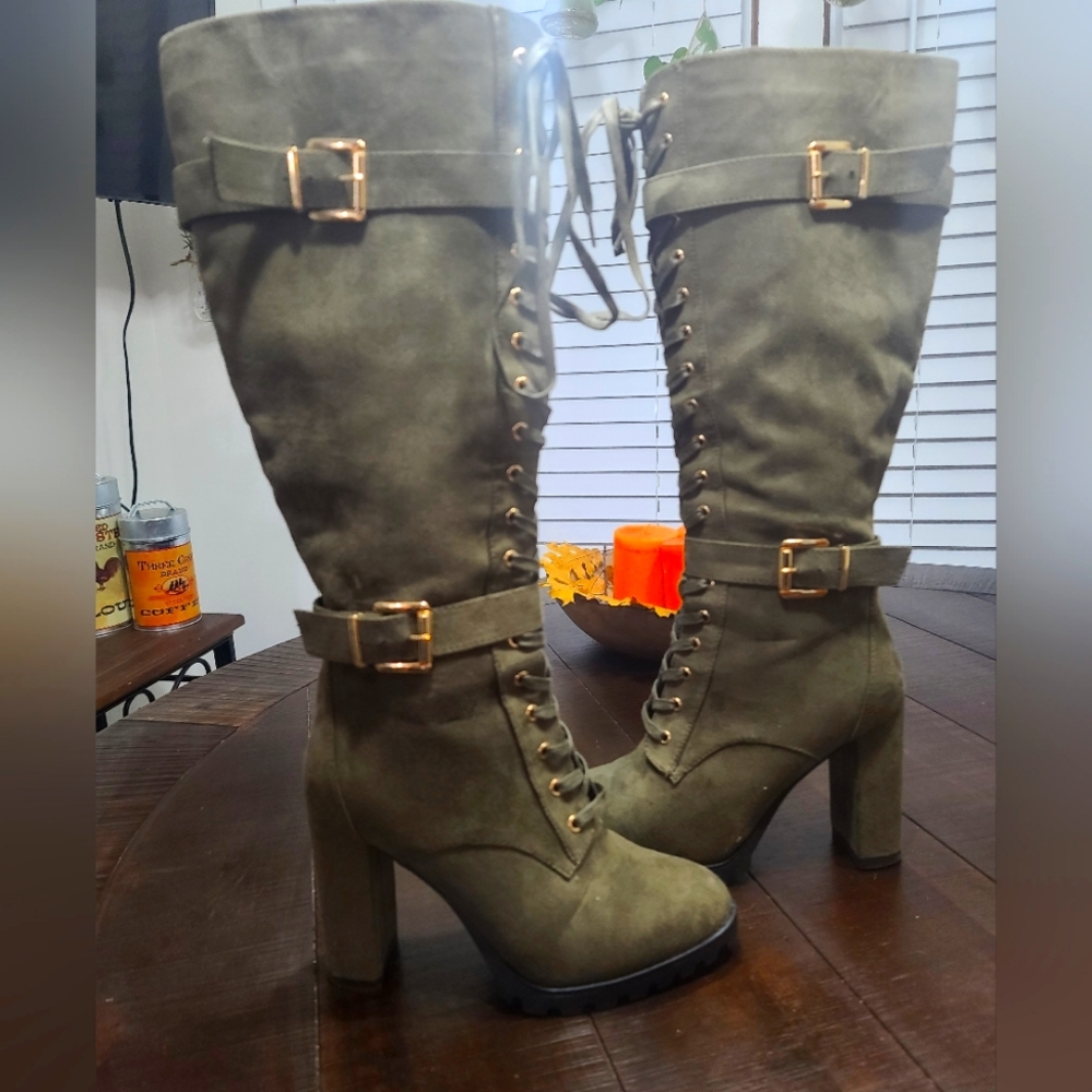 Army green faux suede heeled boots